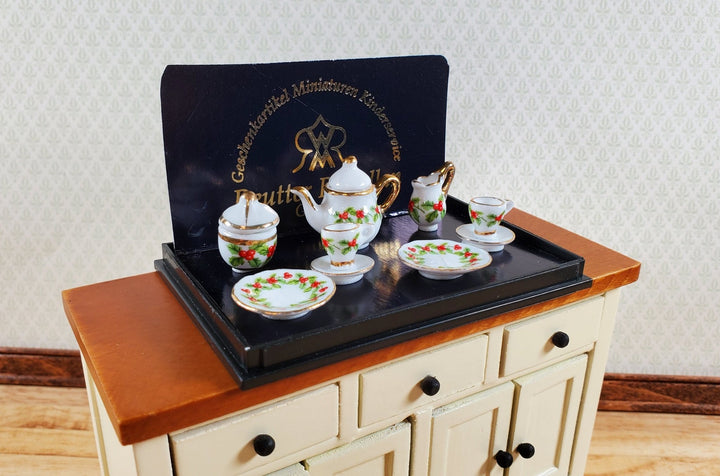 Dollhouse Tea Set Mistletoe Reutter Porcelain 1:12 Scale Teapot Cups Cream Sugar - Miniature Crush