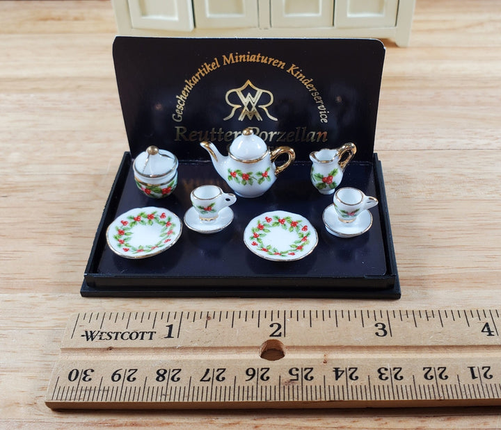 Dollhouse Tea Set Mistletoe Reutter Porcelain 1:12 Scale Teapot Cups Cream Sugar - Miniature Crush