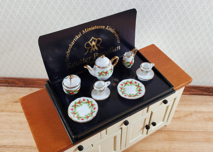 Dollhouse Tea Set Mistletoe Reutter Porcelain 1:12 Scale Teapot Cups Cream Sugar - Miniature Crush