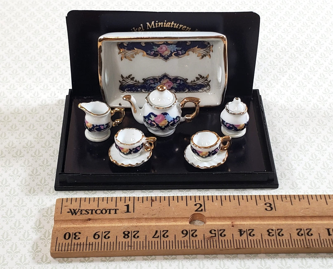 Dollhouse Tea Set Reutter Porcelain Royal Blue 1:12 Scale Teapot Cups Creamer - Miniature Crush