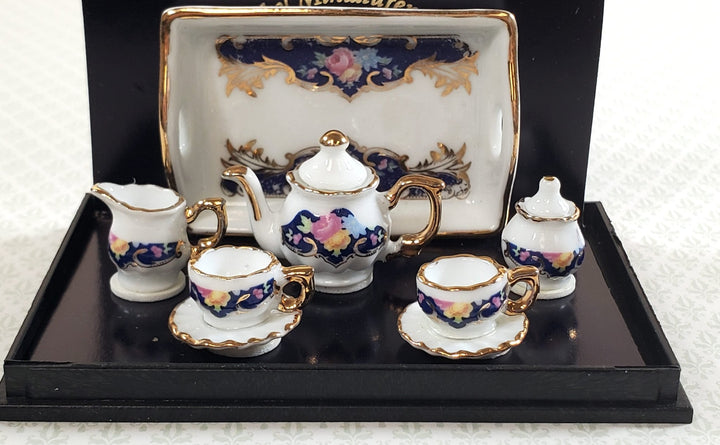 Dollhouse Tea Set Reutter Porcelain Royal Blue 1:12 Scale Teapot Cups Creamer - Miniature Crush