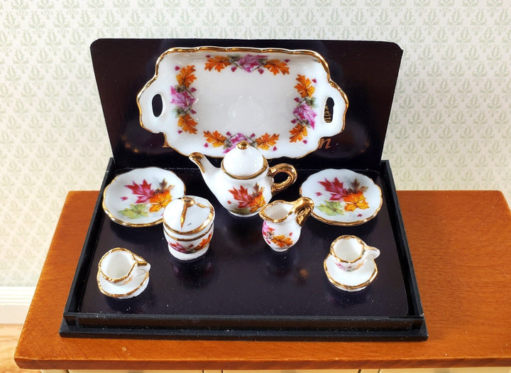 Dollhouse Tea Set Thanksgiving Leaves Reutter Porcelain 1:12 Scale Teapot Cups Cream Sugar - Miniature Crush