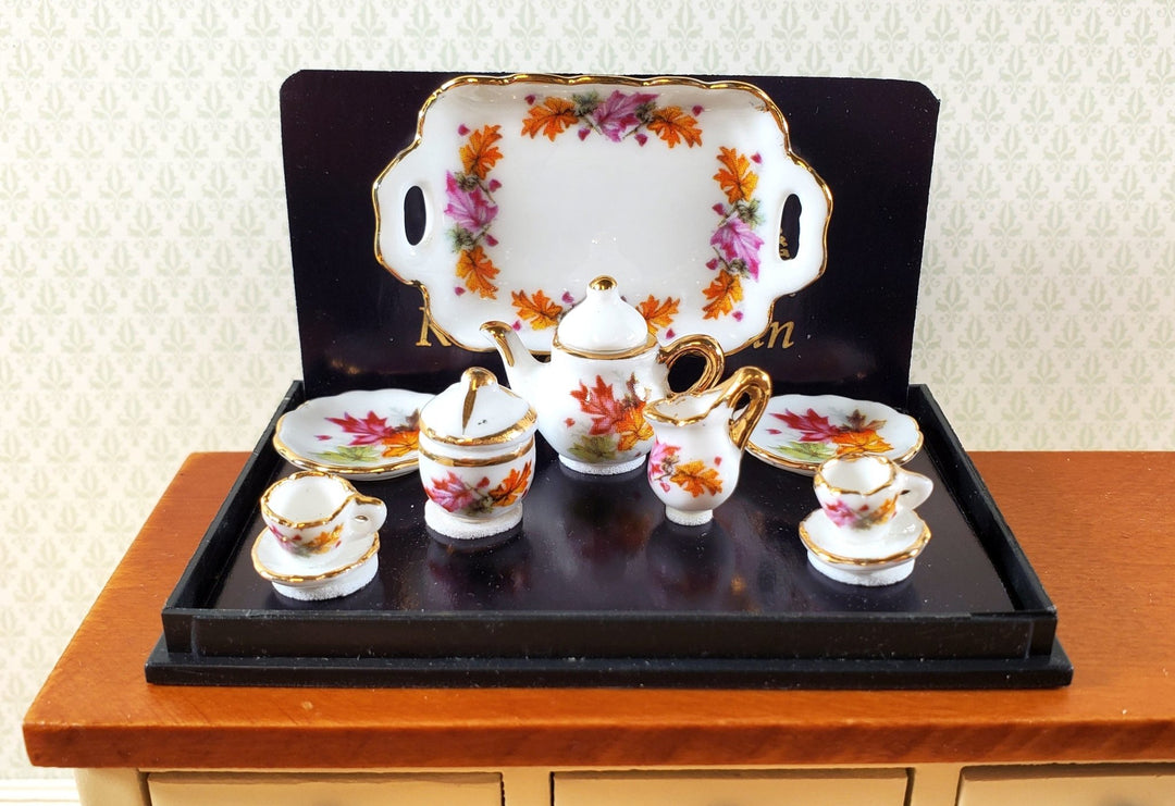 Dollhouse Tea Set Thanksgiving Leaves Reutter Porcelain 1:12 Scale Teapot Cups Cream Sugar - Miniature Crush