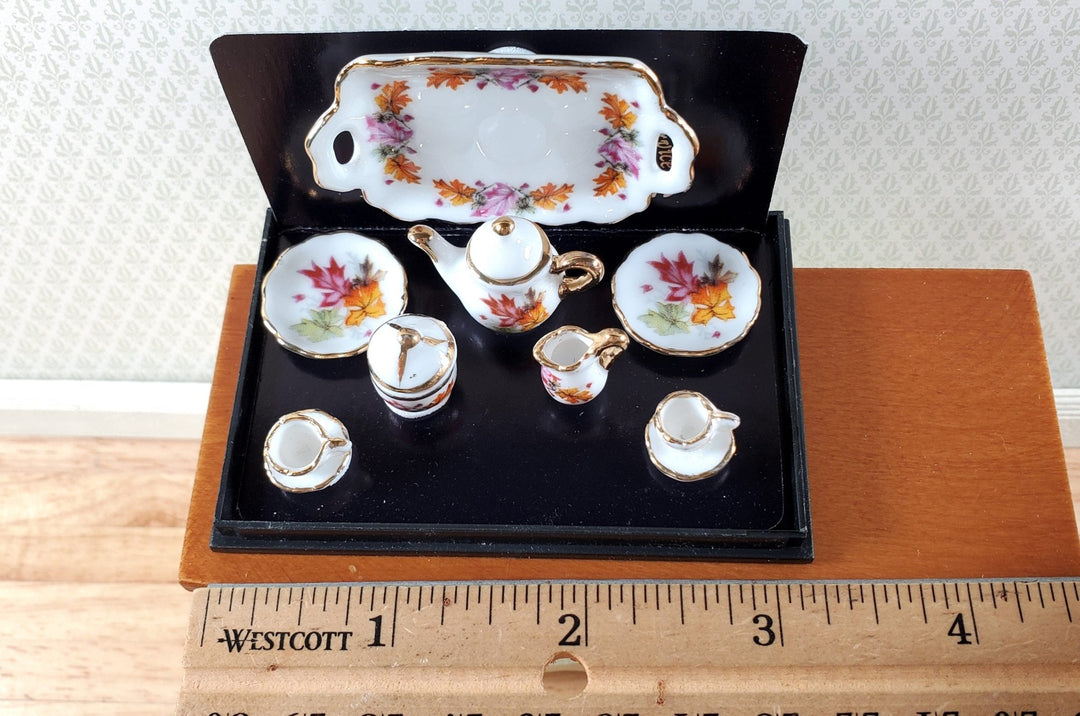 Dollhouse Tea Set Thanksgiving Leaves Reutter Porcelain 1:12 Scale Teapot Cups Cream Sugar - Miniature Crush