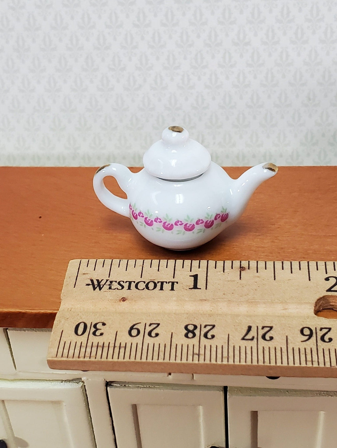 Dollhouse Teapot Kettle Ceramic Pink White 1:6 Scale Miniature Kitchen Accessories - Miniature Crush