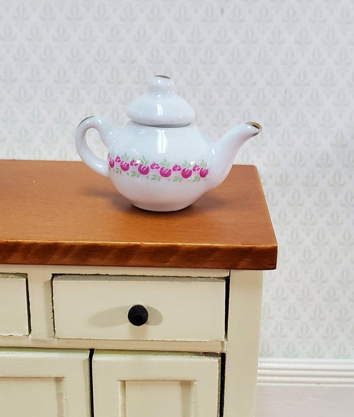 Dollhouse Teapot Kettle Ceramic Pink White 1:6 Scale Miniature Kitchen Accessories - Miniature Crush