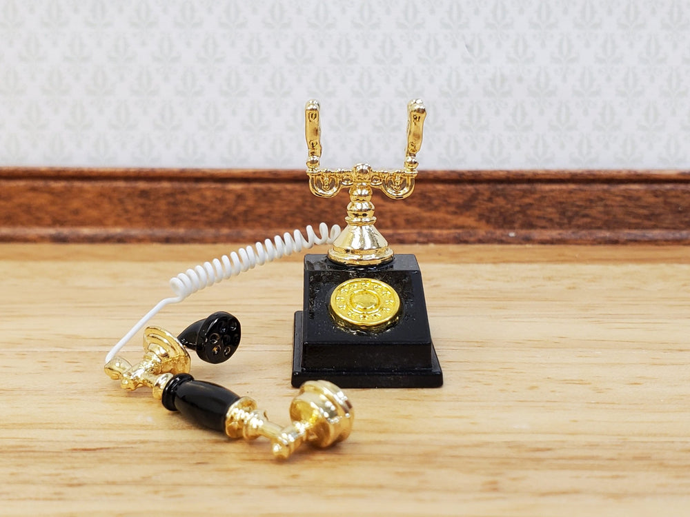 Dollhouse Telephone Vintage Style Black & Gold 1890s - 1920s 1:12 Scale Miniature Phone - Miniature Crush