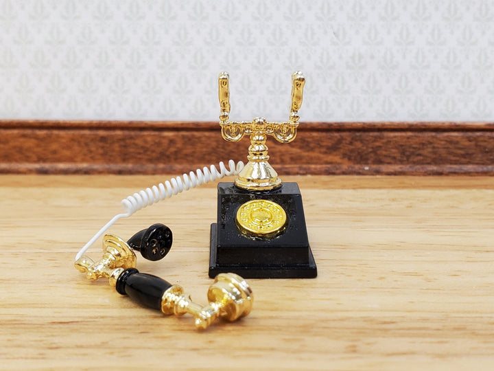Dollhouse Telephone Vintage Style Black & Gold 1890s - 1920s 1:12 Scale Miniature Phone - Miniature Crush