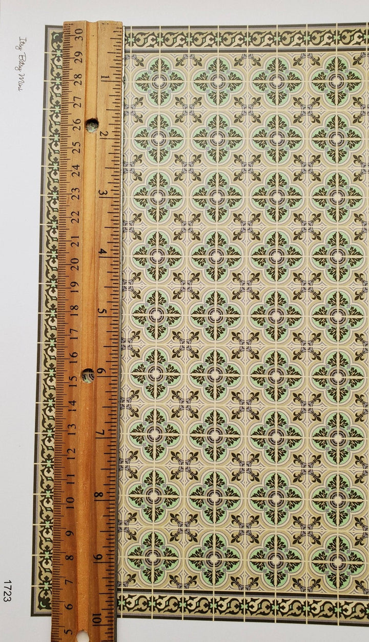 Dollhouse Tile Wallpaper Victorian Beige, Green 1:12 Scale Itsy Bitsy Miniature - Miniature Crush