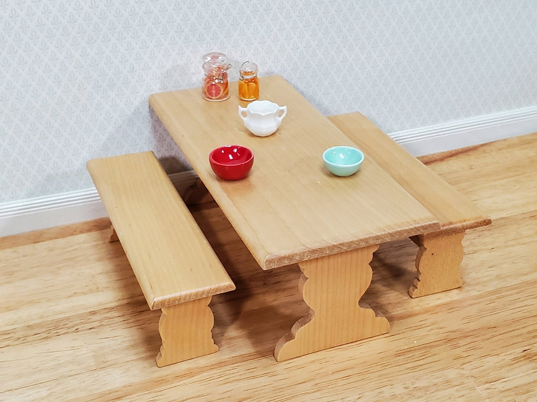 Dollhouse Trestle Table with 2 Benches 1:12 Scale Miniature Wood Furniture Kitchen - Miniature Crush