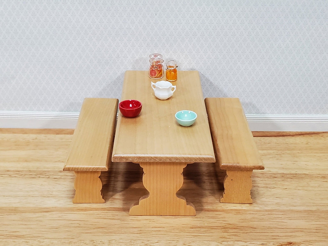 Dollhouse Trestle Table with 2 Benches 1:12 Scale Miniature Wood Furniture Kitchen - Miniature Crush