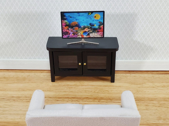 Dollhouse TV Media Stand Low Cabinet Modern Style Black 1:12 Scale Miniature Furniture - Miniature Crush