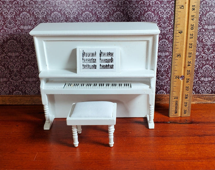 Dollhouse Upright Piano with Bench Seat White Wood 1:12 Scale Miniature - Miniature Crush