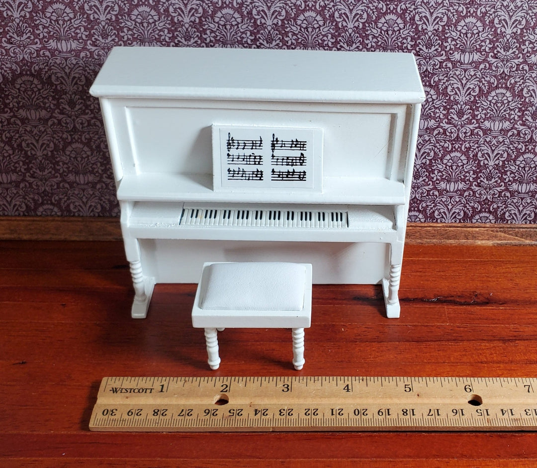 Dollhouse Upright Piano with Bench Seat White Wood 1:12 Scale Miniature - Miniature Crush