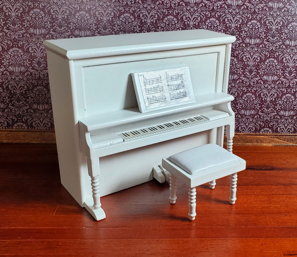 Dollhouse Upright Piano with Bench Seat White Wood 1:12 Scale Miniature - Miniature Crush