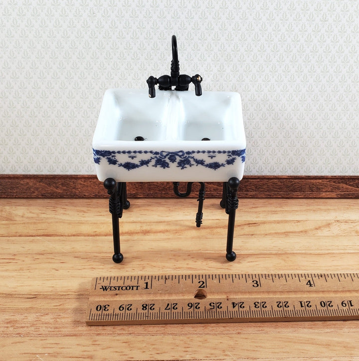 Dollhouse Utility Double Sink Victorian Blue Bow Reutter Porcelain 1:12 Scale Miniature - Miniature Crush