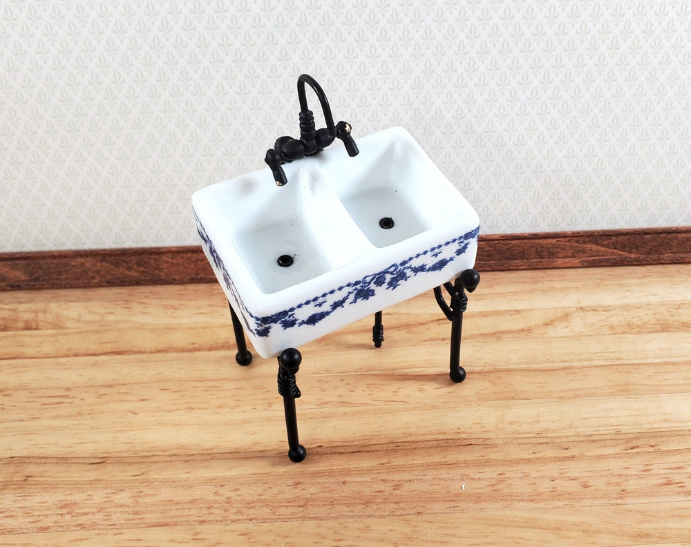 Dollhouse Utility Double Sink Victorian Blue Bow Reutter Porcelain 1:12 Scale Miniature - Miniature Crush