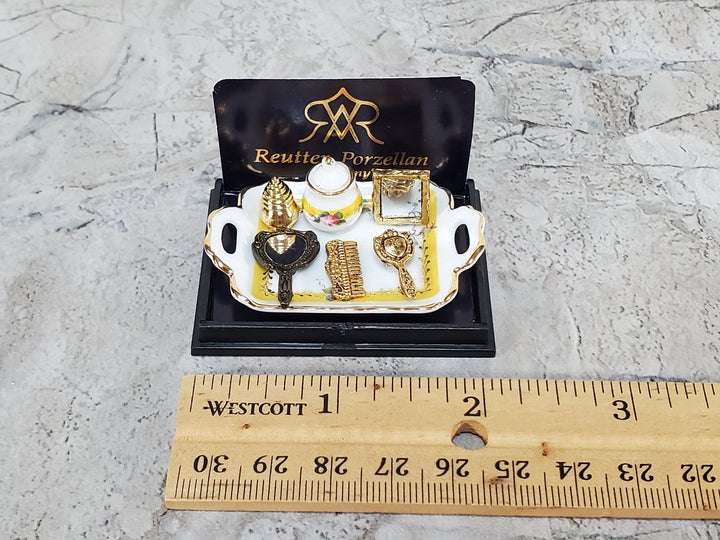 Dollhouse Vanity Set Mirror Comb Perfume Brush Reutter Porcelain 1:12 Scale Miniature - Miniature Crush
