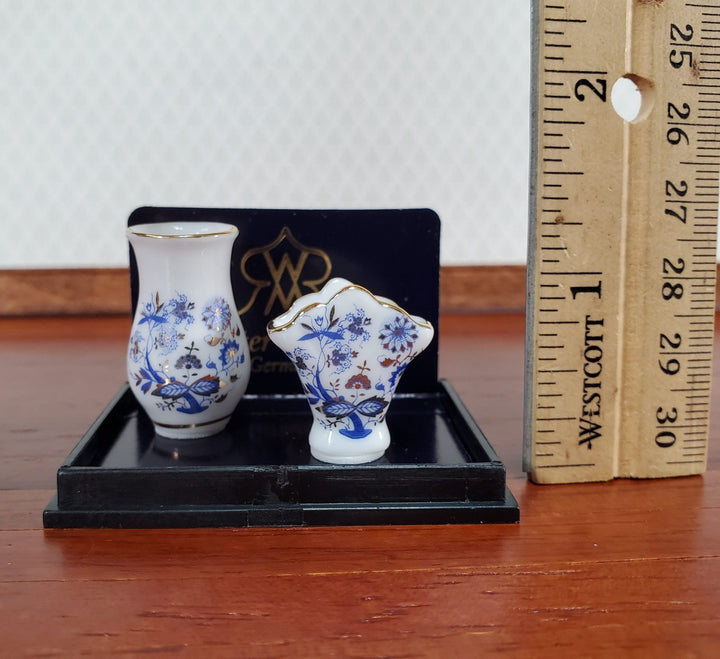 Dollhouse Vases Set of 2 Reutter Porcelain Blue Floral with Gold Trim 1:12 Scale Miniatures - Miniature Crush