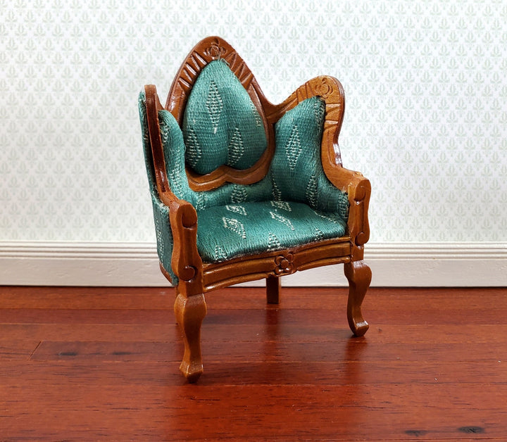 Dollhouse Victorian Arm Chair Green 1:12 Scale Furniture Walnut Wood Finish - Miniature Crush