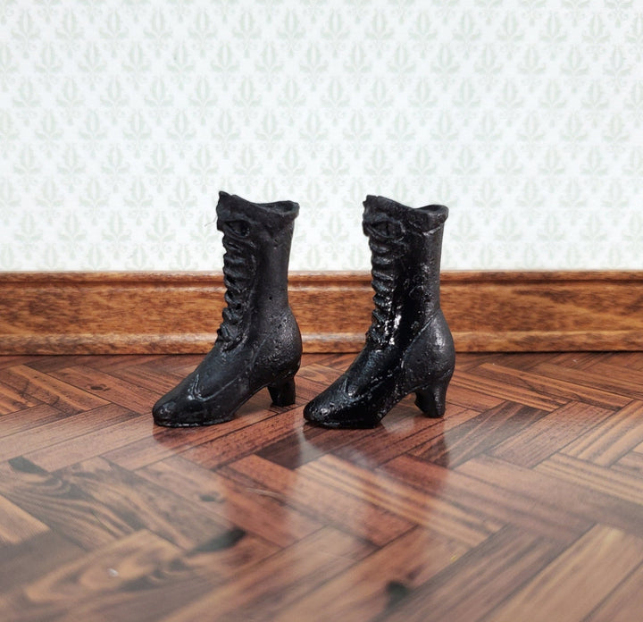 Dollhouse Victorian Boots Tall Black Lace Up Resin Miniatures 1 1/8" Tall - Miniature Crush