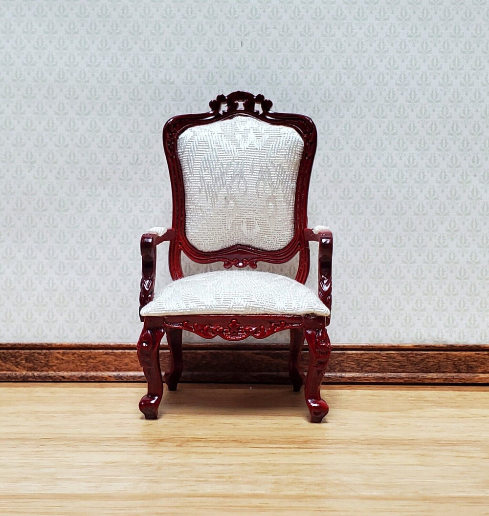 Dollhouse Victorian Chair White Brocade Style Fabric Mahogany Finish 1:12 Scale Furniture - Miniature Crush