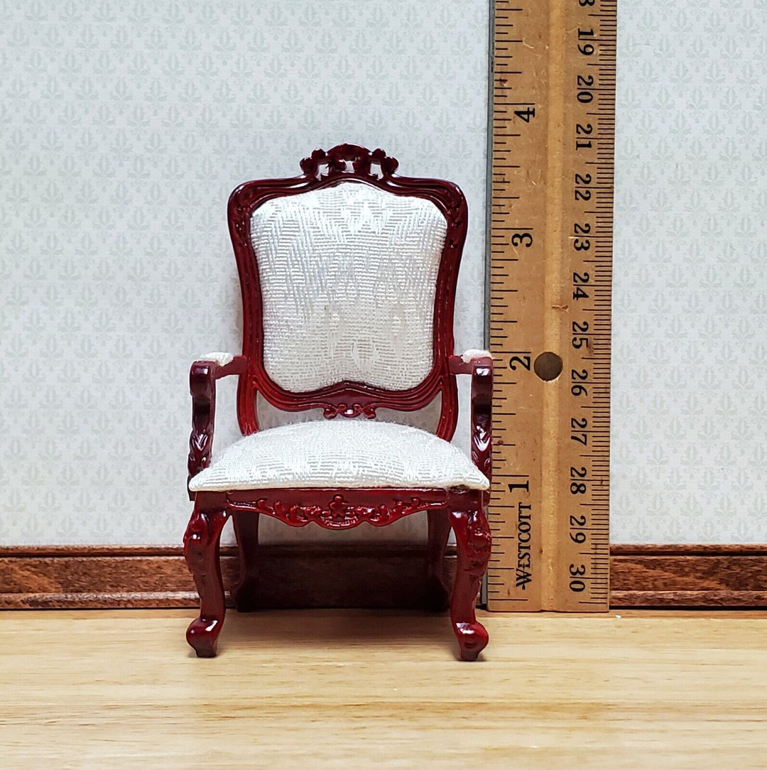Dollhouse Victorian Chair White Brocade Style Fabric Mahogany Finish 1:12 Scale Furniture - Miniature Crush