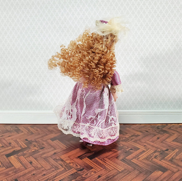 Dollhouse Victorian Girl Doll Curly Hair Porcelain Poseable 1:12 Scale Miniature Pink Dress with Lace - Miniature Crush