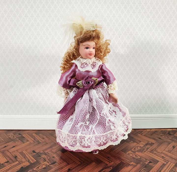 Dollhouse Victorian Girl Doll Curly Hair Porcelain Poseable 1:12 Scale Miniature Pink Dress with Lace - Miniature Crush