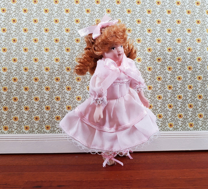 Dollhouse Victorian Girl Doll Fancy Pink Dress Porcelain Poseable 1:12 Scale - Miniature Crush