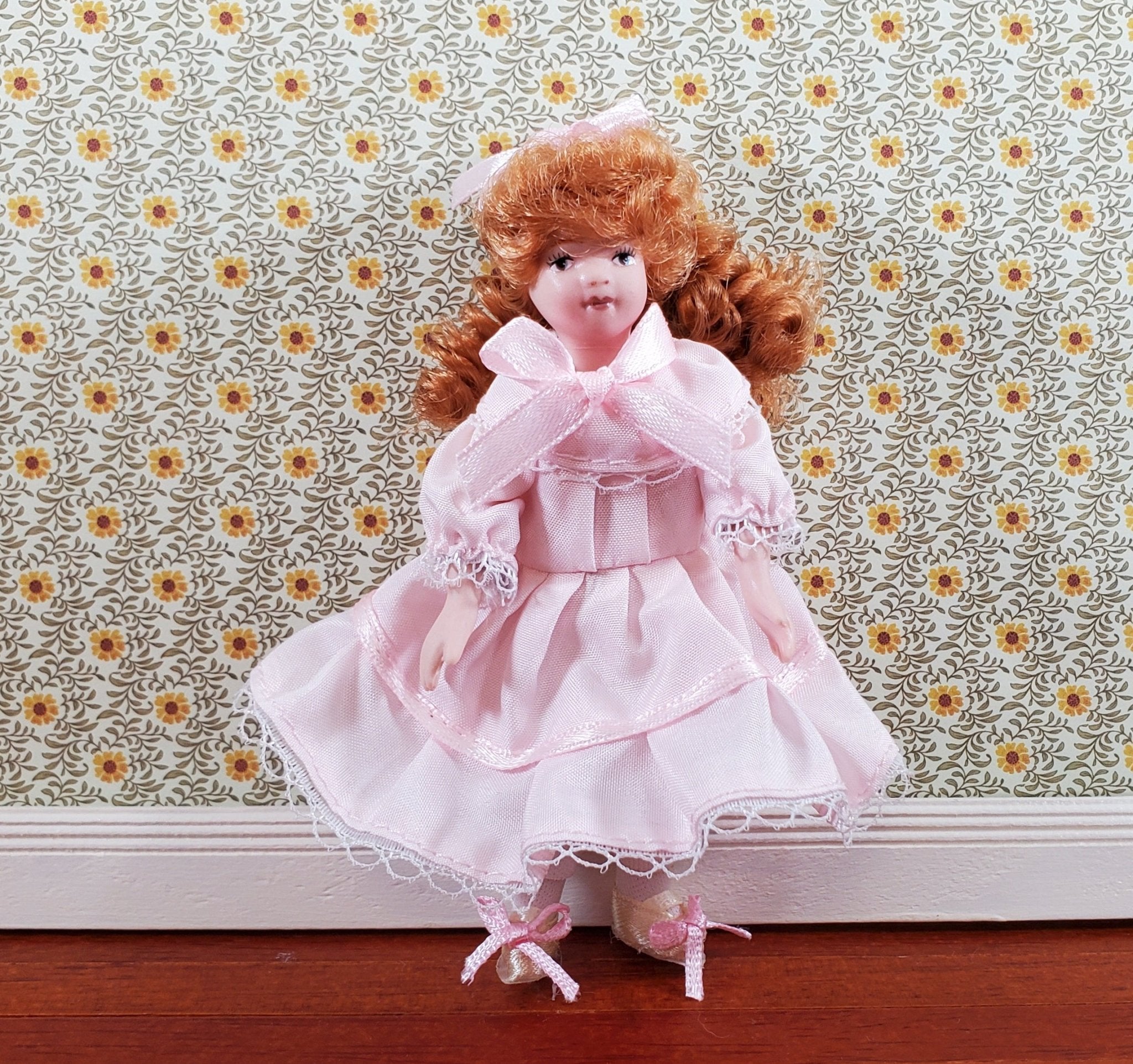 Dollhouse Victorian Girl Doll Fancy Pink Dress Porcelain Poseable 1:12 Scale