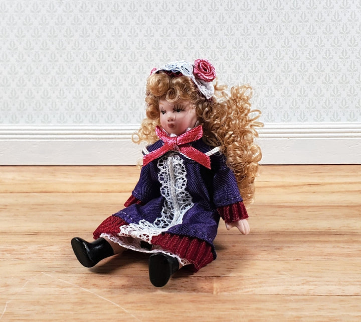 Dollhouse Victorian Girl Doll Purple Dress Porcelain Poseable 1:12 Scale - Miniature Crush