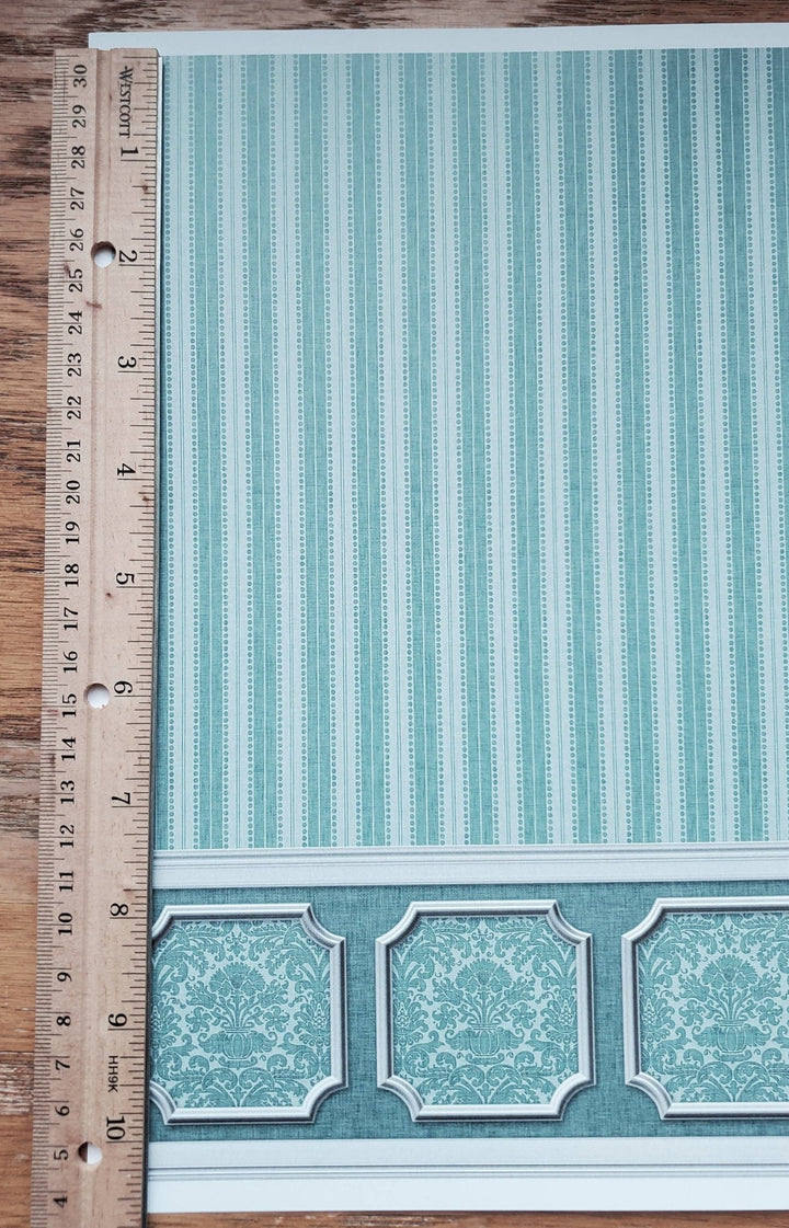 Dollhouse Wallpaper Blue Green Teal Striped Annabelle Wainscot 1:12 Scale Itsy Bitsy 2604 - Miniature Crush