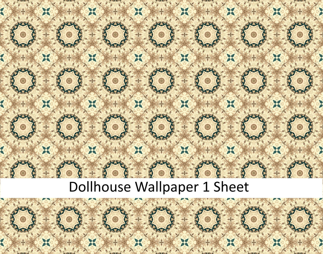Dollhouse Wallpaper Cream Brown Dark Teal 1:12 Scale MiniatureCrush Exclusive - Miniature Crush