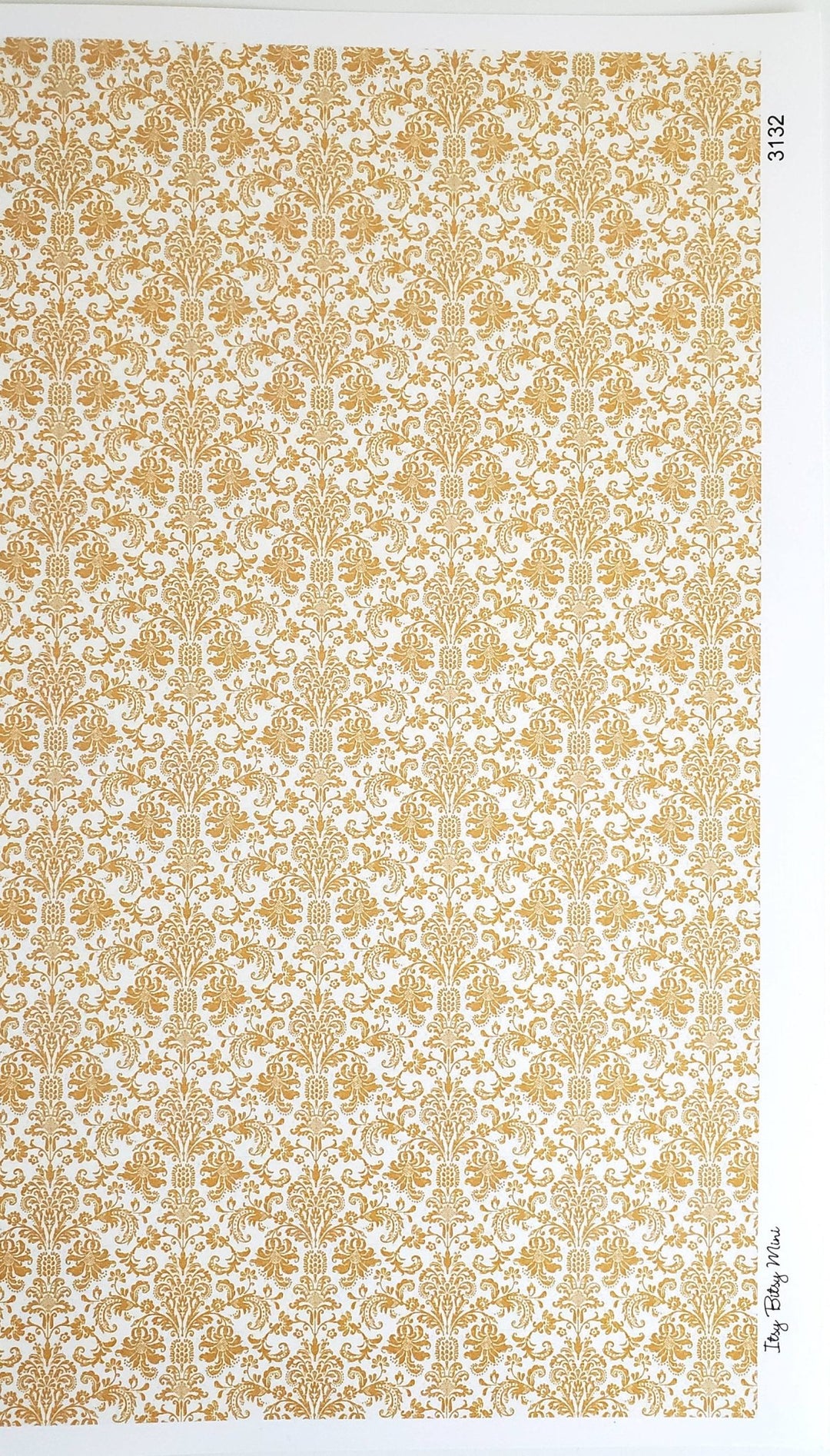 Dollhouse Wallpaper Damask Gold on White Victorian 1:12 Scale Itsy Bitsy Miniatures - Miniature Crush