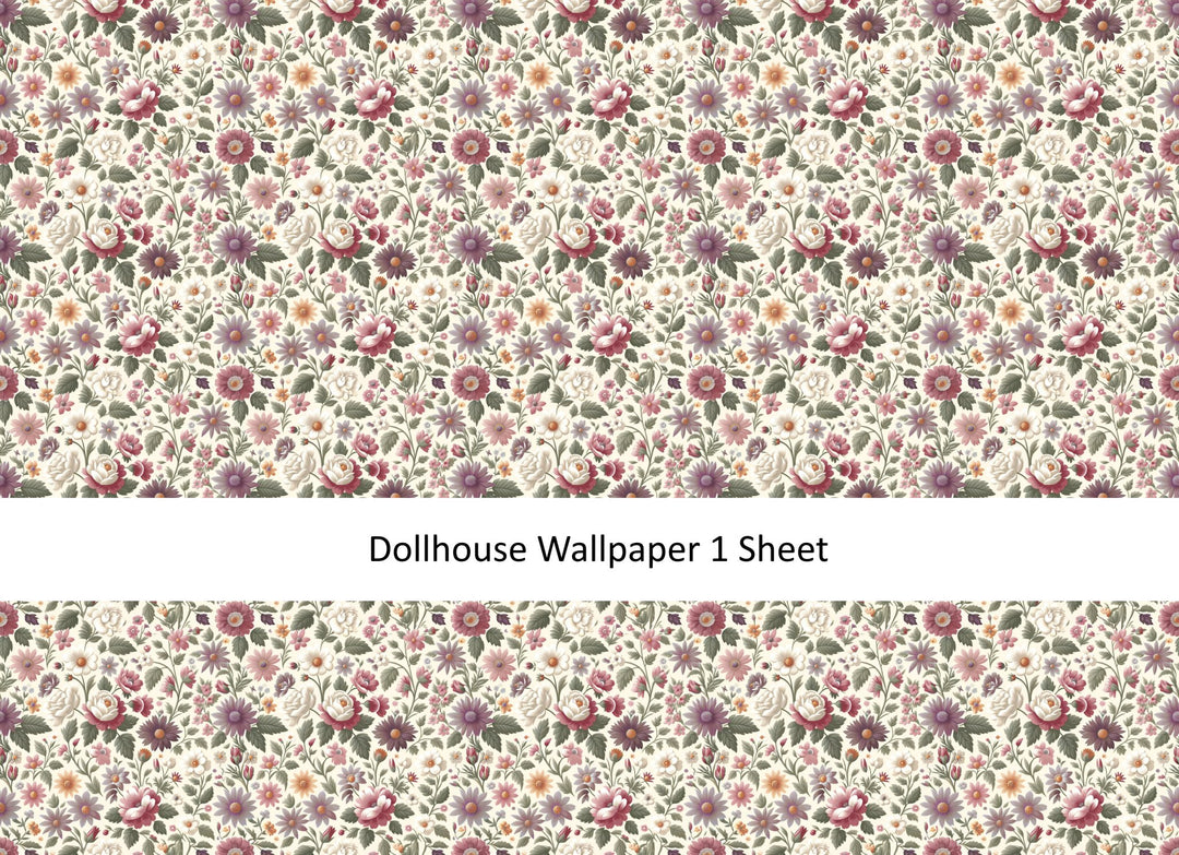 Dollhouse Wallpaper Flower Garden Pink Purple White 1:12 Scale MiniatureCrush - Miniature Crush