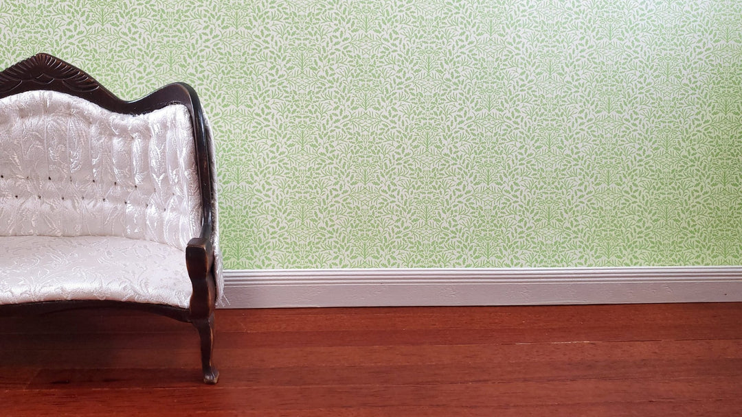Dollhouse Wallpaper Green and Cream Leaves Branches "Acorn" 1:12 Scale Miniature - Miniature Crush