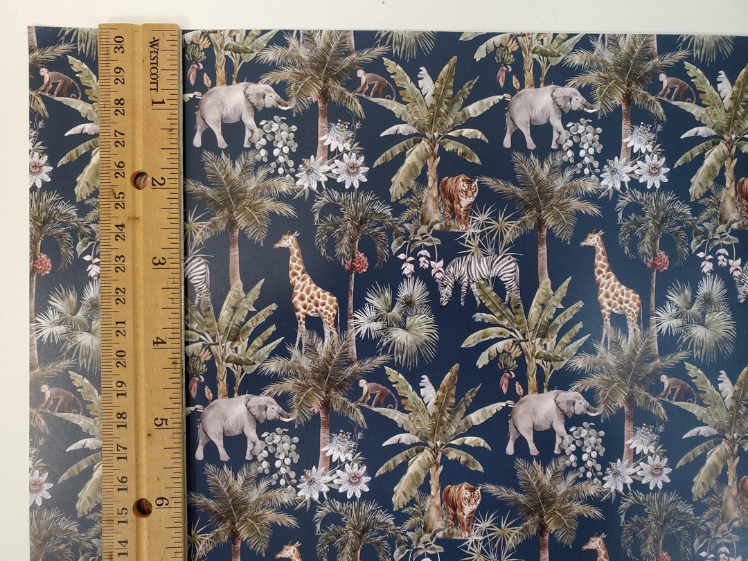 Dollhouse Wallpaper Jungle Print Elephants Tigers Zebras Navy Blue 3 Sheets - Miniature Crush