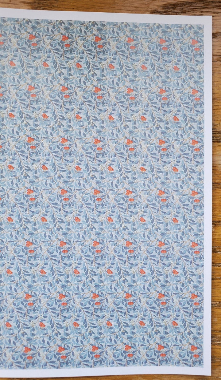 Dollhouse Wallpaper Leaves & Fruit Blue/Gray and Orange 1:12 Scale Itsy Bitsy - Miniature Crush
