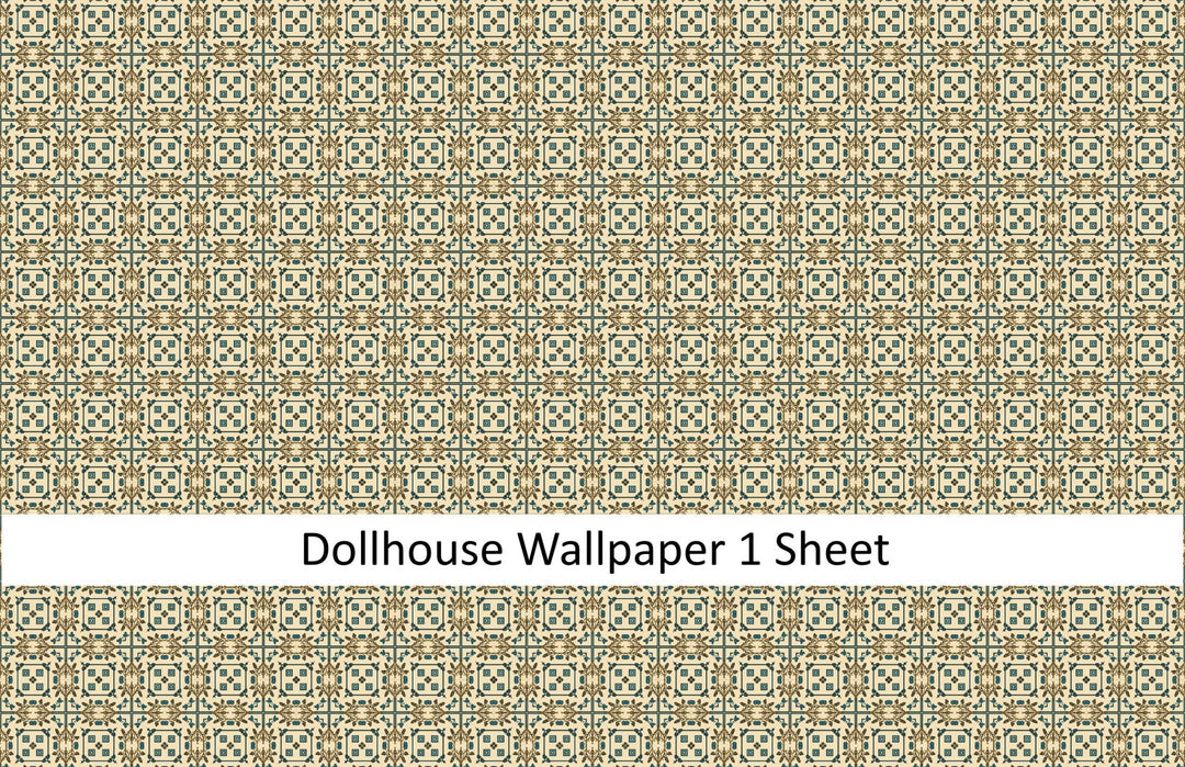 Dollhouse Wallpaper or Floor Tile Cream Brown Blue 1:12 Scale MiniatureCrush Exclusive - Miniature Crush
