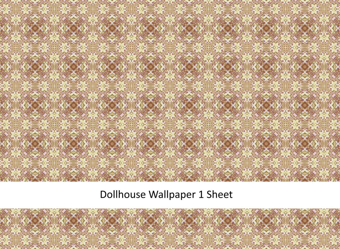 Dollhouse Wallpaper or Floor Tile Cream Maroon Gold Pink 1:12 Scale MiniatureCrush Exclusive - Miniature Crush