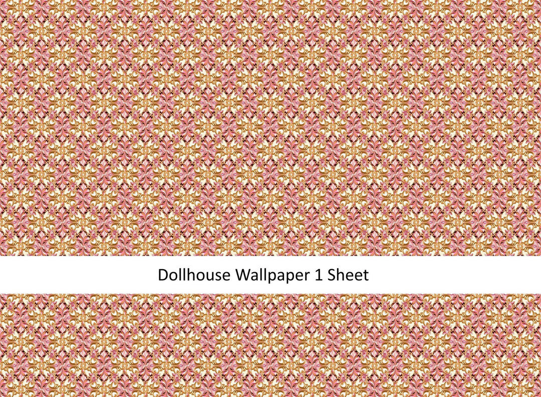 Dollhouse Wallpaper Pink Gold White Opulent Elegant 1:12 Scale MiniatureCrush Exclusive - Miniature Crush