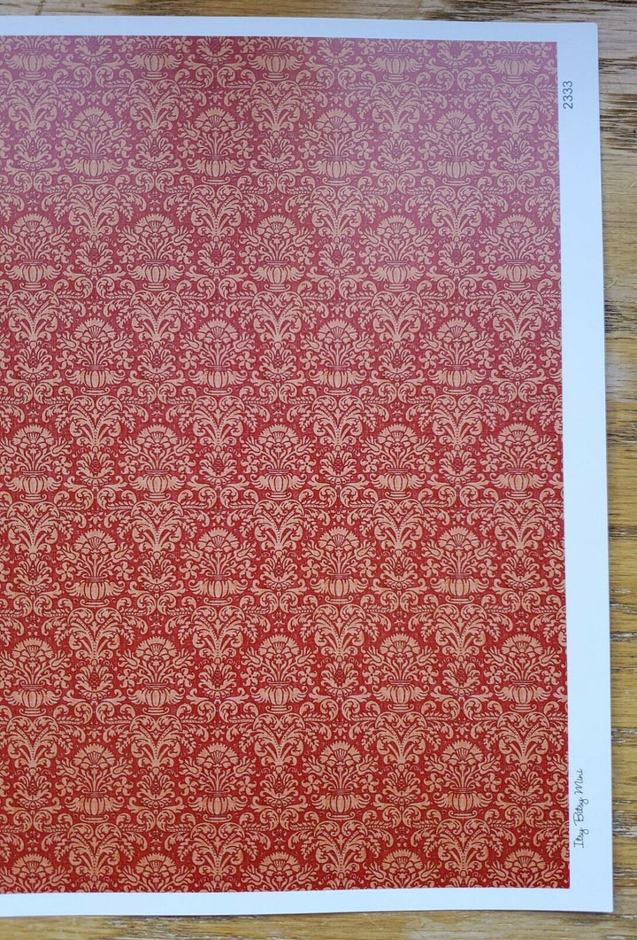 Dollhouse Wallpaper Red Orange Damask Annabelle 1:12 Scale Itsy Bitsy - Miniature Crush