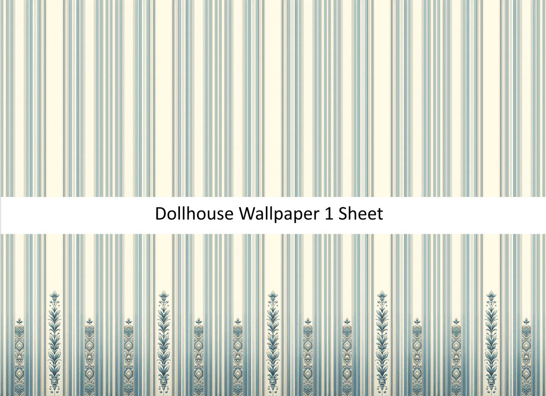 Dollhouse Wallpaper Regal Blues Cream Striped 1:12 Scale MiniatureCrush - Miniature Crush