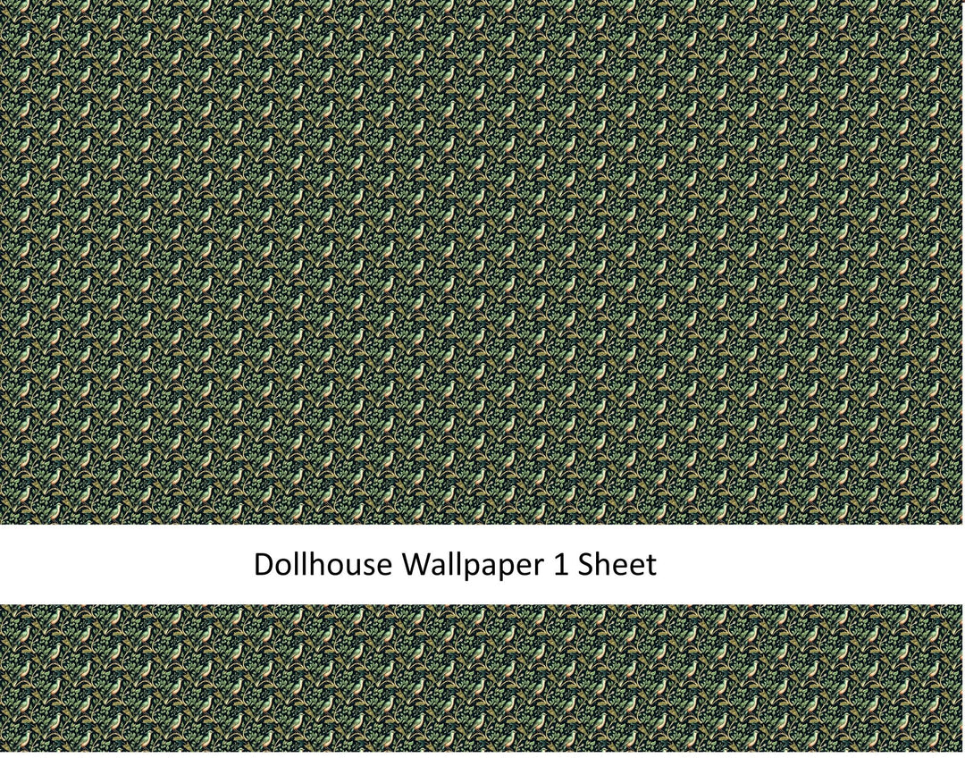 Dollhouse Wallpaper Victorian Birds Dark Green Leaves 1:12 Scale MiniatureCrush Exclusive - Miniature Crush