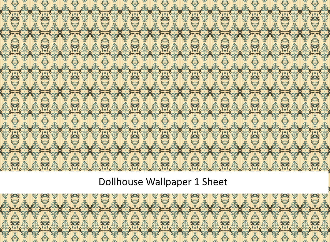 Dollhouse Wallpaper Victorian Cream Blue Brown 1:12 Scale MiniatureCrush Exclusive - Miniature Crush