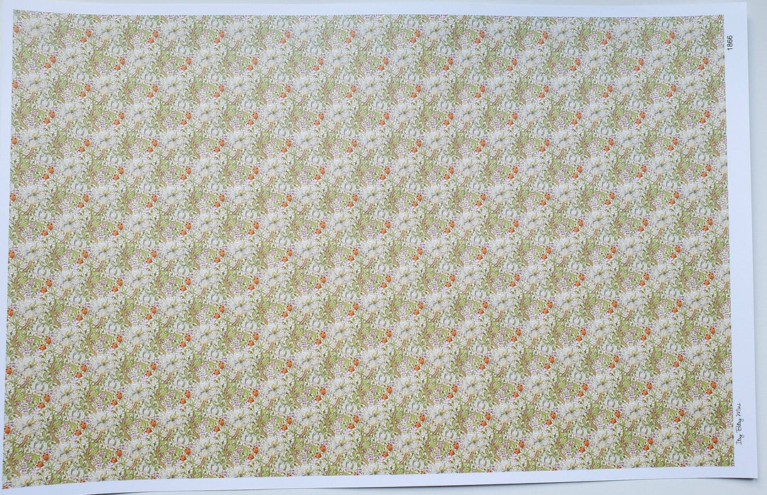 Dollhouse Wallpaper William Morris Tulips Flowers White Green 1:12 Scale Itsy Bitsy - Miniature Crush