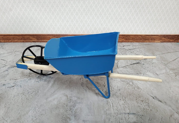 Dollhouse Wheelbarrow Metal Blue Wood Handles 1:12 Scale Miniature Fairy Garden - Miniature Crush