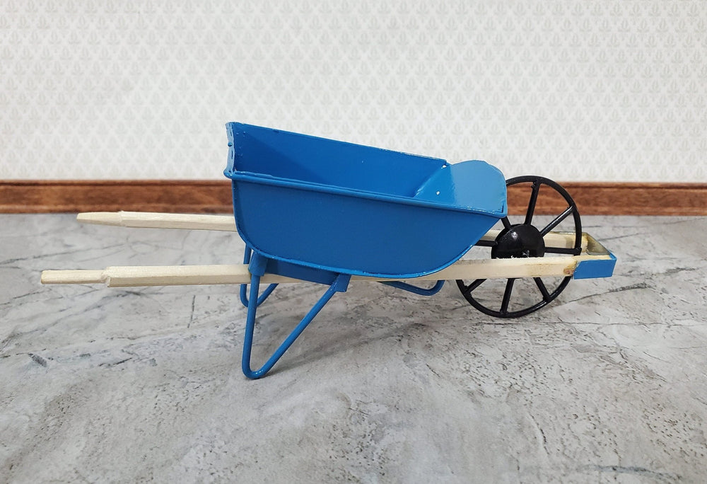 Dollhouse Wheelbarrow Metal Blue Wood Handles 1:12 Scale Miniature Fairy Garden - Miniature Crush