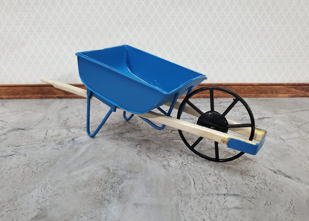 Dollhouse Wheelbarrow Metal Blue Wood Handles 1:12 Scale Miniature Fairy Garden - Miniature Crush